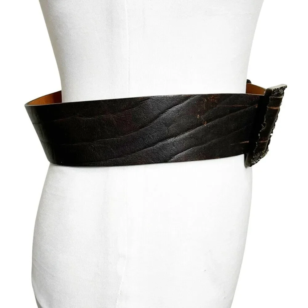 Hache Embellished Leather Western Belt Women's Size 90/105 Brown‎ Waist Thick